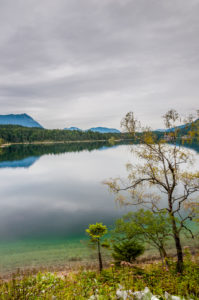 Eibsee from the west bank, cloudy weather over a sight in the Werdenfelser Land, an intense green dominates the mountain lake, Eibsee from the west bank, cloudy weather over a sight in the Werdenfelser Land, an intense green dominates the mountain lake,